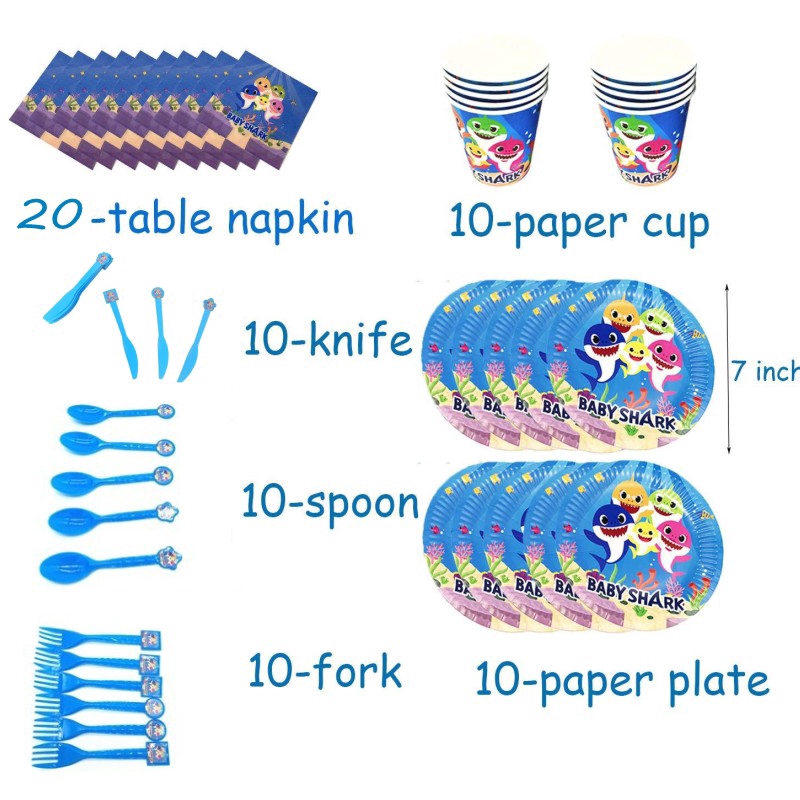 Set dụng cụ bàn ăn trang trí tiệc sinh nhật in hình cá mập