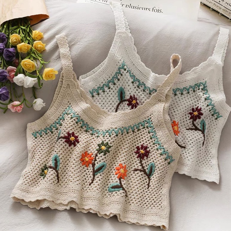 Áo Croptop Dệt Kim Hai Dây Thêu Hoa Gợn Sóng Phong Cách Vintage Cho Nữ