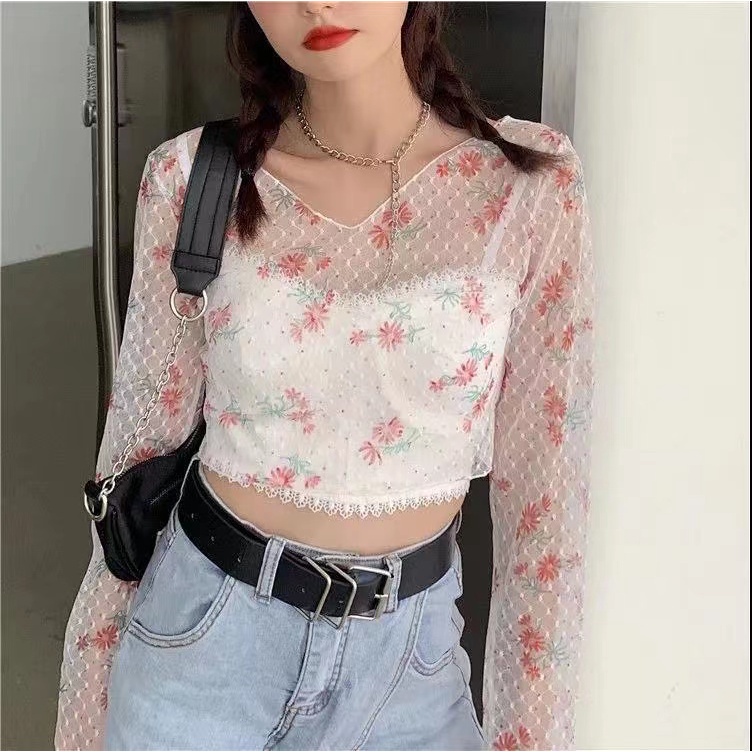 Áo Thun Lưới Tay Dài + Áo Hai Dây Phối Ren Hoa Phong Cách Hàn Quốc Dành Cho Bé Gái