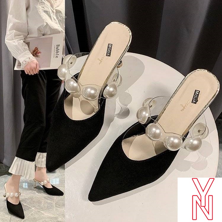 Giày Muller Cao Gót Mũi Nhọn Đính Ngọc Trai Nhân Tạo Màu Đen Thời Trang Mùa Hè Mới Cho Nữ 2021