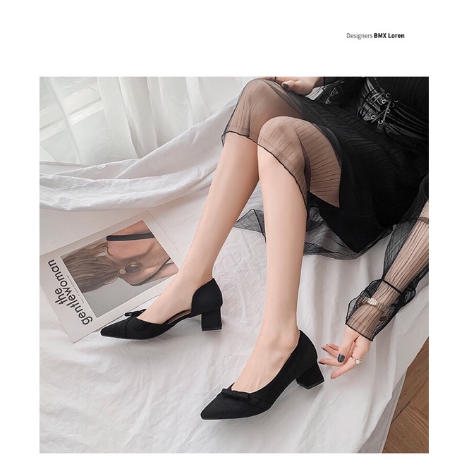 Giày cao gót nữ kiểu dáng khoét eo thanh lịch gót thô 6cm có gắn nơ mảnh - GI13 - Oula Store