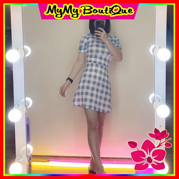 Váy Nữ Xinh, Váy Caro Tay Phồng Cổ V, Váy Bánh Bèo Tiểu Thư