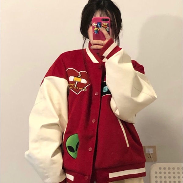 Áo khoác bóng chày dáng rộng phong cách retro cho nam và nữ