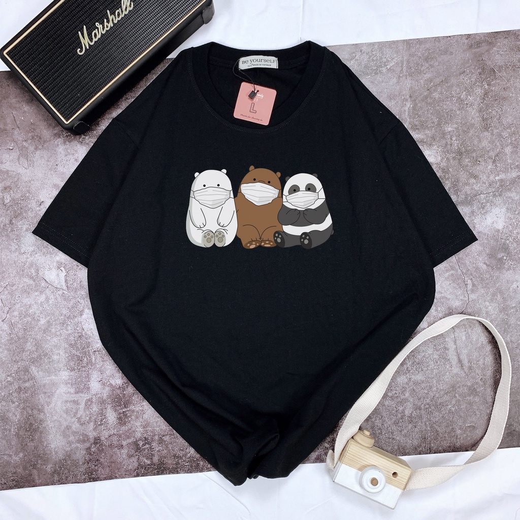 Áo thun tay ngắn Be Yourself unisex size M L XL - 3 CON GẤU ĐEO KHẨU TRANG