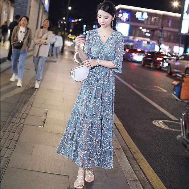 Đầm Dài Họa Tiết Hoa Phong Cách Hàn Quốc Thời Trang Cho Nữ