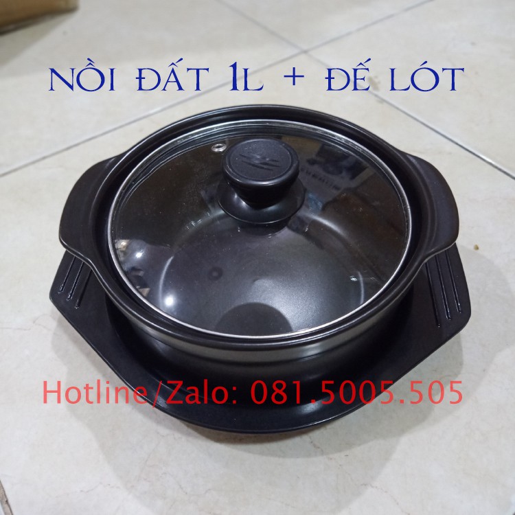 Nồi đất kho tộ, nấu mỳ cay 1 lít nồi đất 8 inch có đế đỡ bằng nhựa chịu nhiệt