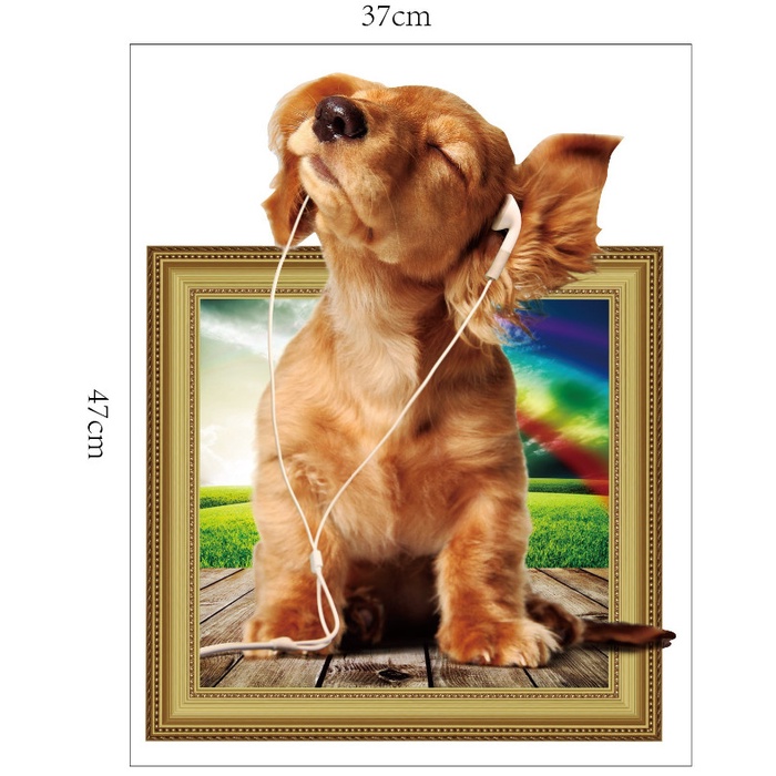Decal trang trí tường - Chú chó nâu đeo tai phone