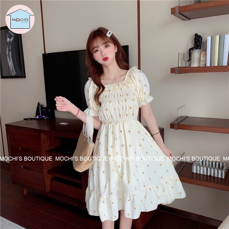 Váy đầm bánh bèo dáng xòe họa tiết hoa, mẫu váy đầm nữ đẹp mặc được 2 kiểu trễ vai hoặc cổ vuông, tiện lợi-M010 | BigBuy360 - bigbuy360.vn