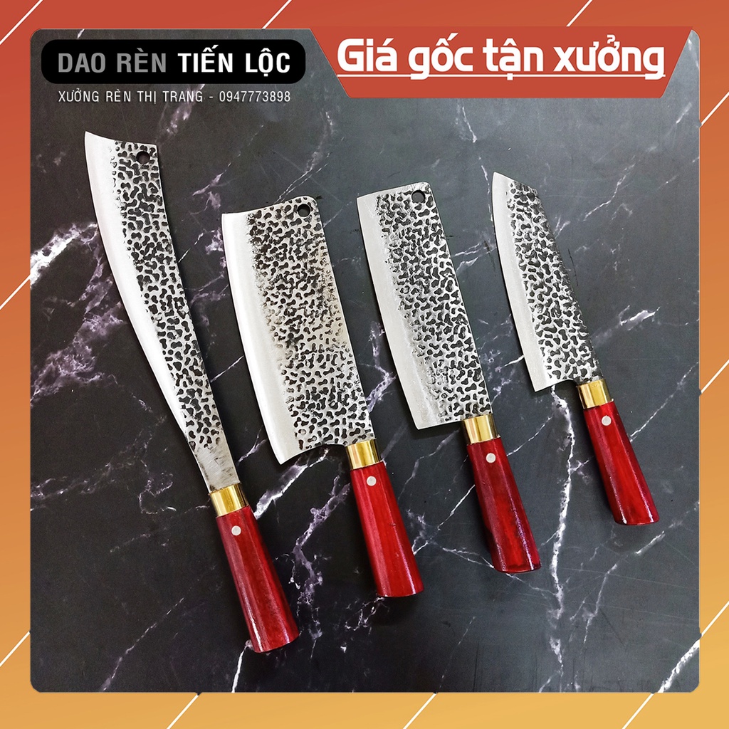 Bộ Dao 4 Thép Nhíp Dập Vân 2 Mặt, Dao Nhà Bếp, Chặt Cây, Chặt Xương, Thái Gọt