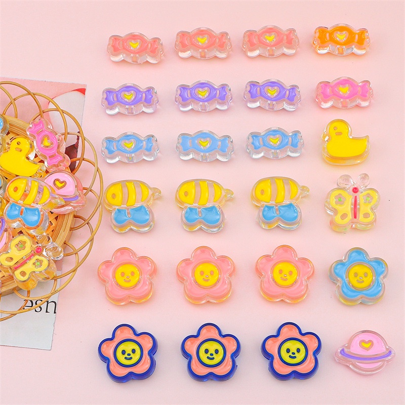Set 4 / 10 Hạt Nhựa Acrylic Trong Suốt Hình Hoa / Gấu / Cherry Tự Làm Trang Sức