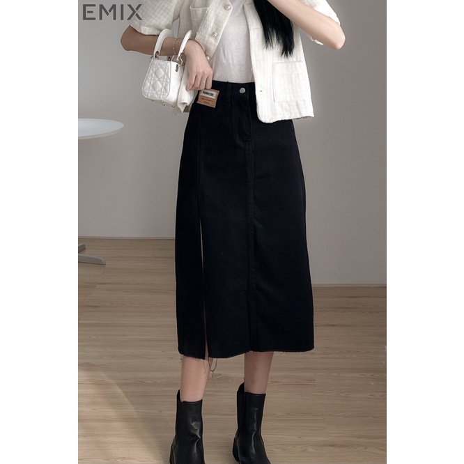 Chân váy jean xẻ chân EMIX, chân váy midi dáng dài, 1 lớp, cạp cao, dài 78cm, chất jean đứng dáng, xẻ chân cuốn hút CvJe