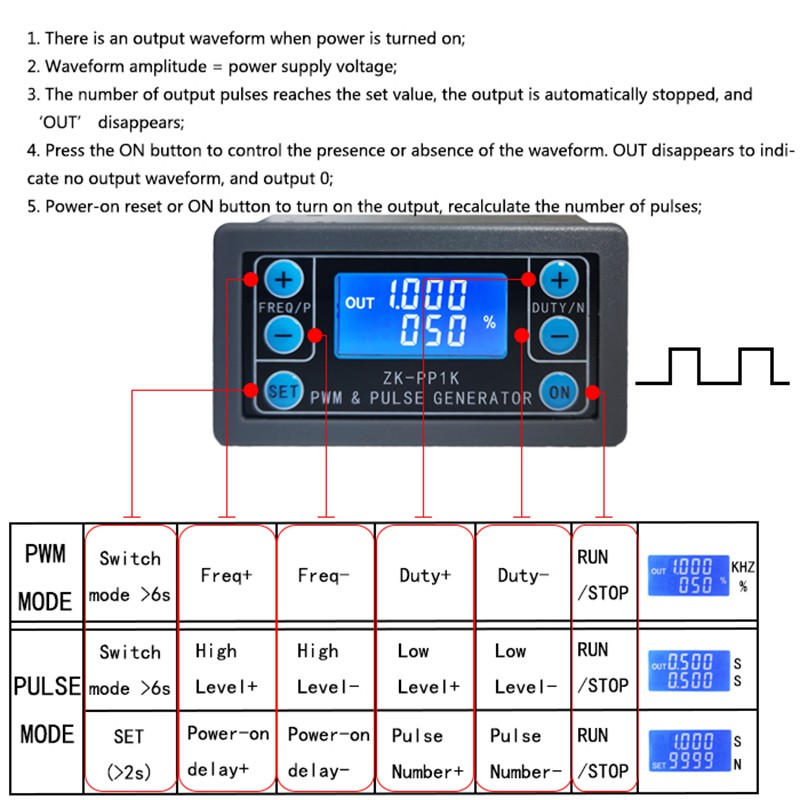 ZK-PP1K 3.3-30V PWM 1Hz ~ 150KHz chu kỳ nhiệm vụ tần số xung có thể điều chỉnh mô-đun điều chỉnh chức năng tín hiệu hình chữ nhật sóng vuông Bộ tạo tín hiệu PWM kỹ thuật số LCD Tần số tần số nhiệm vụ Chu kỳ làm việc có thể điều chỉnh Sóng vuông Bộ tạo tín