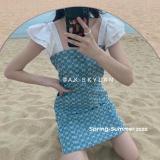 Đầm Denim Tay Bèo Họa Tiết Hình Học Phong Cách Phương Tây Mới Cho Bé Gái