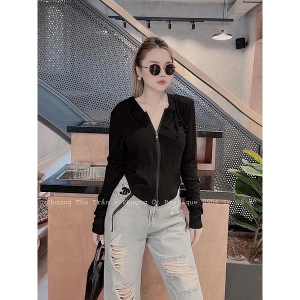 Áo khoác len tăm rút dây túi trước kéo khoá có mũ