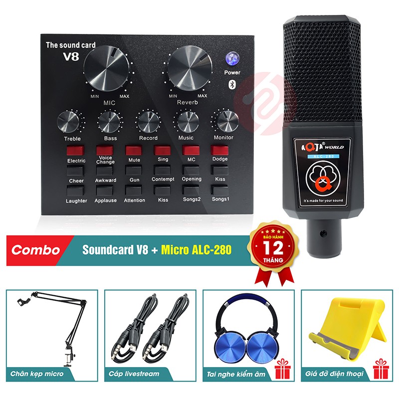 Combo Micro AQTA ALC-280 + Sound Card V8 – Thu âm hát live stream, karaoke giá rẻ