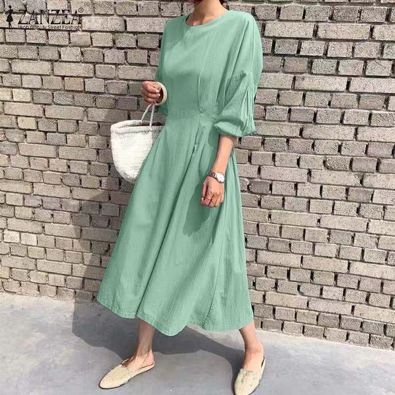 Đầm dài ZANZEA tay dài 3/4 thắt dây eo co giãn thời trang tùy chọn màu sắc dành cho nữ