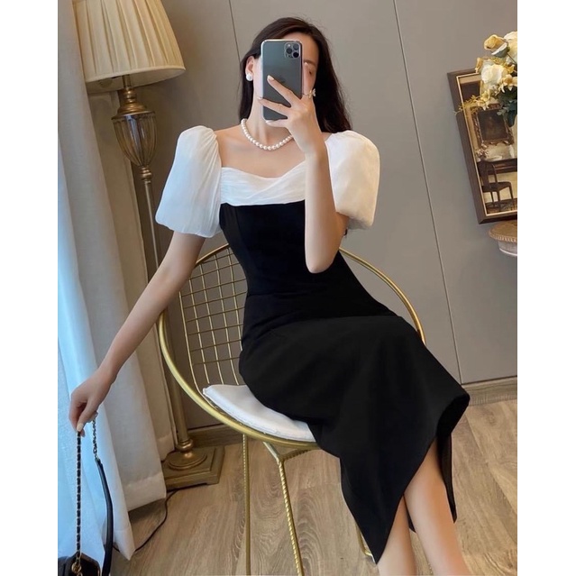 ĐẦM CỔ VUÔNG TAY BÍ PHỐI TƠ