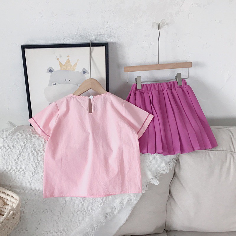 Set Áo Sơ Mi + Chân Váy Xếp Li Phong Cách Hàn Quốc Cho Bé Gái