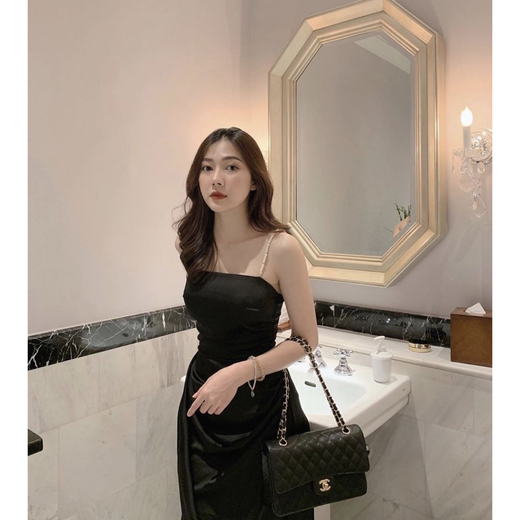 (VIDEO+HÌNH THẬT) Đầm Phi Lụa Nhung Vạt Xéo Dây Vai Kết Cườm (ĐEN) | BigBuy360 - bigbuy360.vn