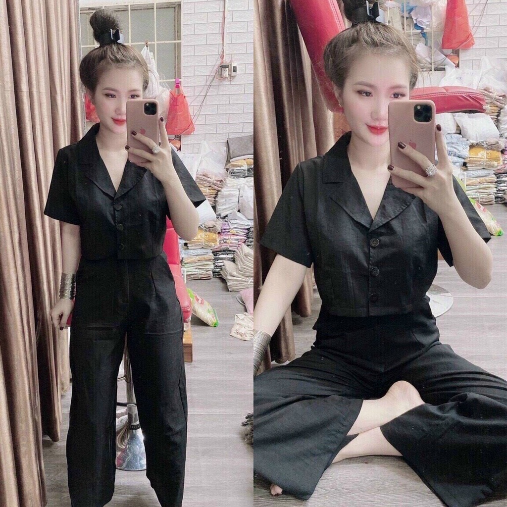 [ Miễn phí ship 2022 ] Set bộ sơ mi nút giữa, bộ áo cổ bẻ croptop tay ngắn quần dài đi làm, đi chơi cực xinh
