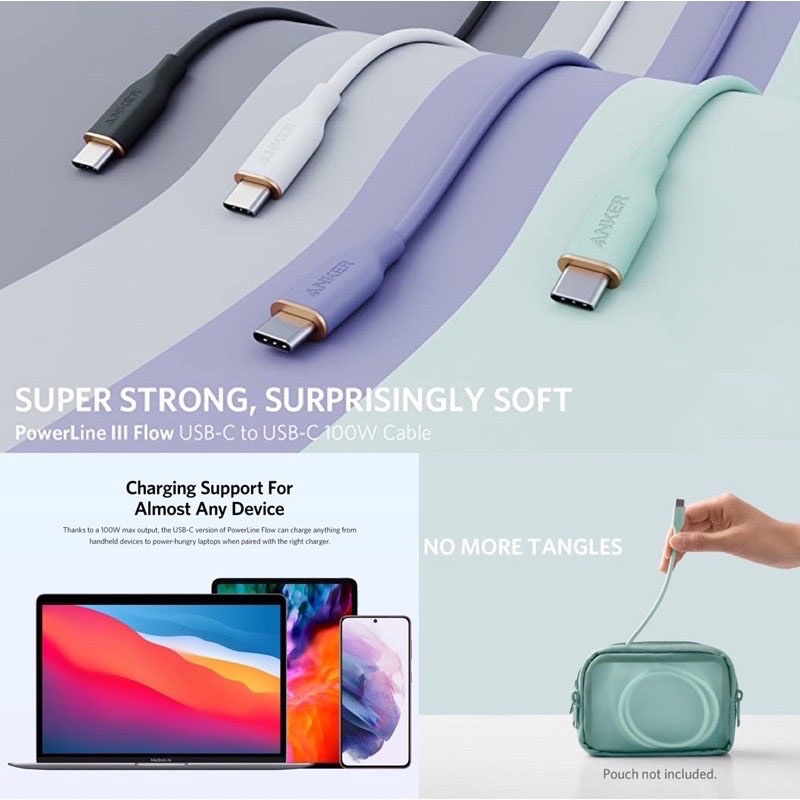 Cáp sạc Anker PowerLine III Flow Type C to C 100W 5A - A8552 A8553 dài 0.9/1.8 Mét sạc nhanh PD Laptop Mac Air Pro M1
