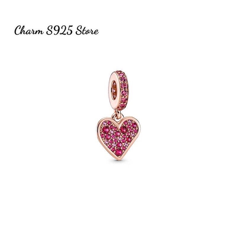 CHARM PAN ALE TREO TIM VÀNG HỒNG ĐÍNH ĐÁ ĐỎ BẠC S925 CAO CẤP