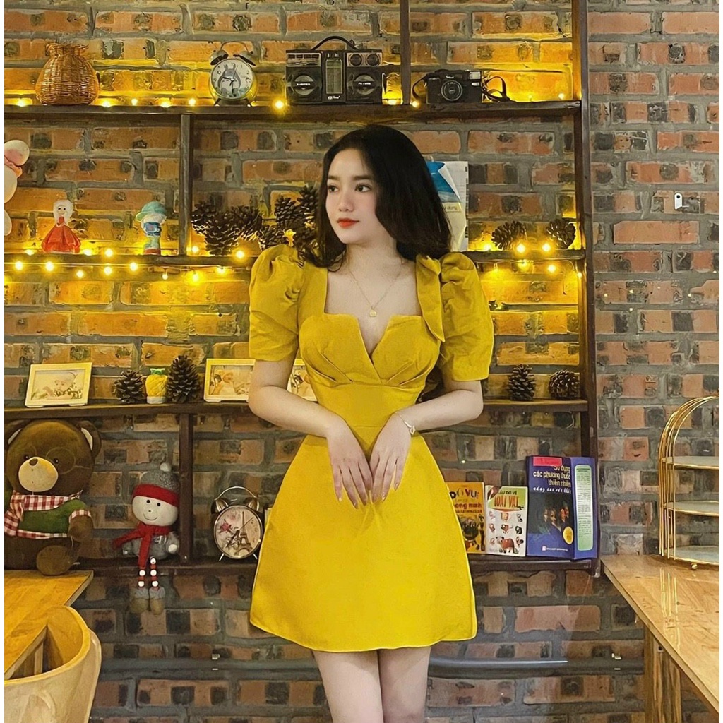 (Ưu Đãi Freeship) Đầm thiết kế đi tiệc cổ vuông xẻ ngực,tay phồng nơ vai cực xinh,chất umi cao cấp có mút