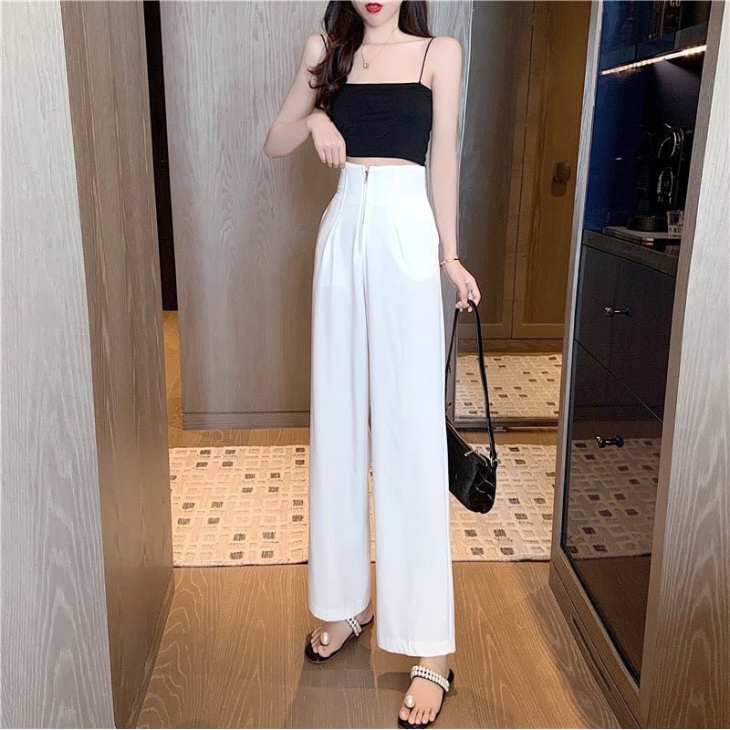 Quần Cul Dáng Suông Kèm Khóa Zip Giữa Nữ - Culottes ống sớ cạp cao phong cách 3 màu đen / trắng / hồng Ulzzang HOT | BigBuy360 - bigbuy360.vn