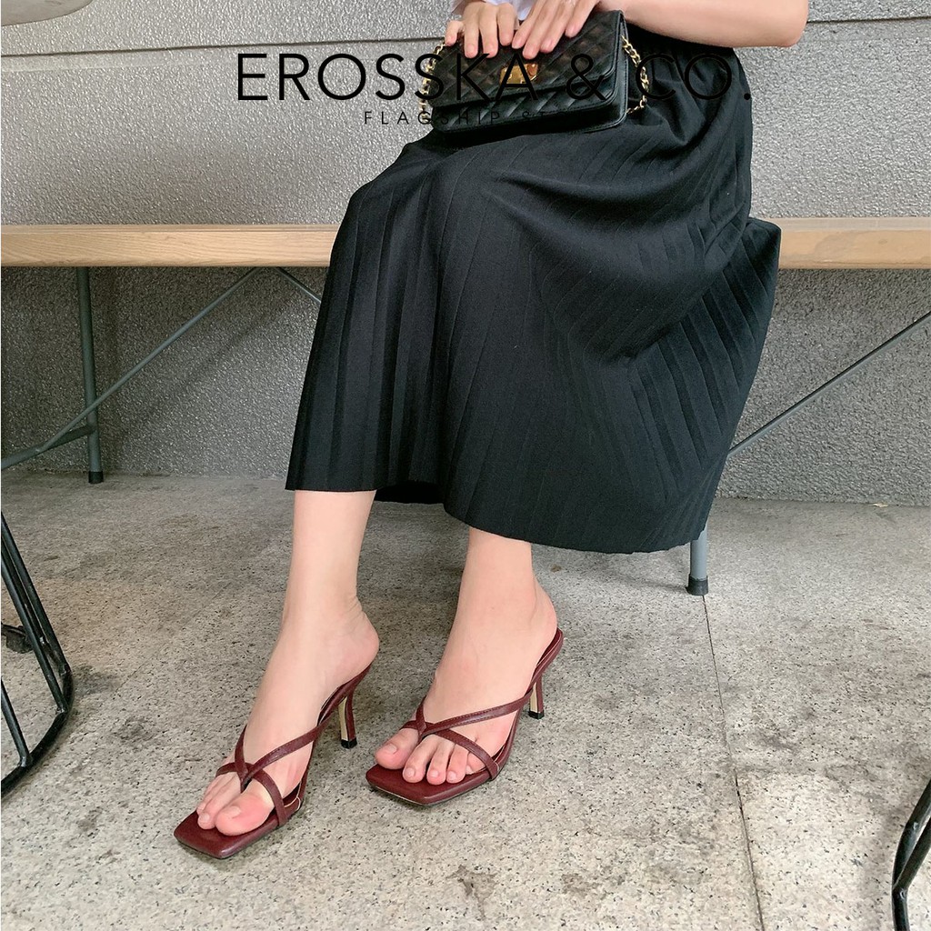 Erosska - Dép cao gót nữ mũi vuông xỏ ngón phối dây mảnh cao 7cm màu nude ver 3 - EM60
