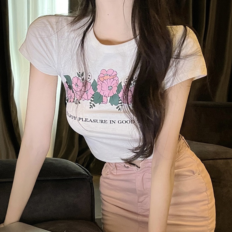 Áo Thun Croptop Ngắn Tay Cổ Tròn Form Ôm In Họa Tiết Hoa Phong Cách Hàn Quốc Thời Trang Cho Nữ