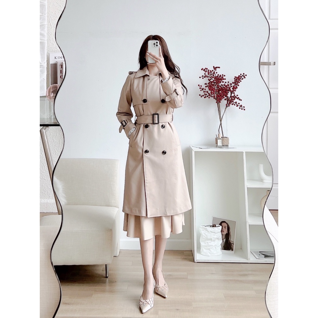 [Mã FAMARAL1 giảm 10K đơn 50K] Áo măng tô nữ dáng dài 8 cúc chất liệu kaki có đai buộc - áo trench coat dáng dài 115