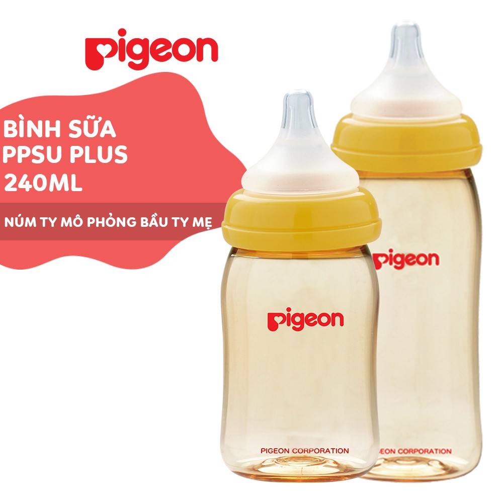 Bình sữa Pigeon 240ml cổ rộng PPSU Plus với núm vú silicone siêu mềm Plus