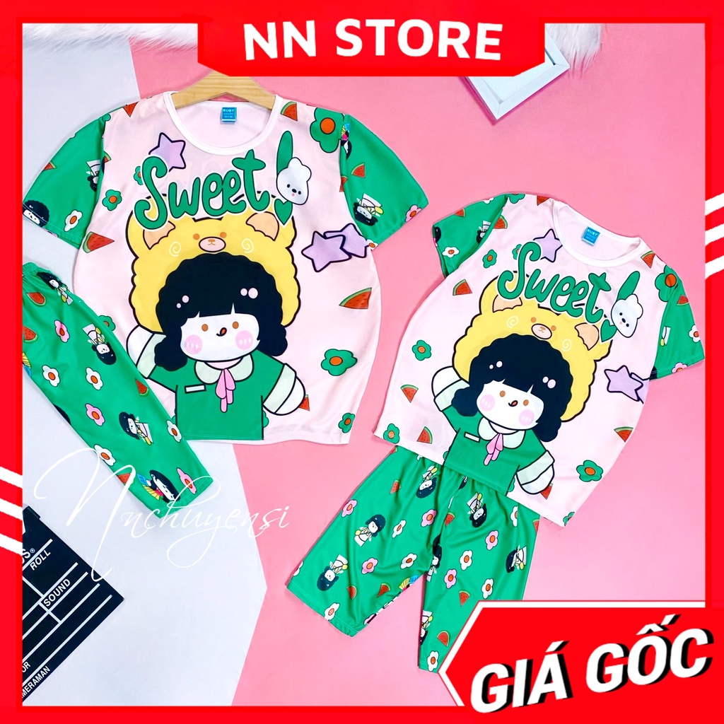 Đồ bộ thun quần LỬNG mẹ và bé size đến 70kg chất thun mềm mát in hình chibi gấu dễ thương DBRBL FULL SIZE