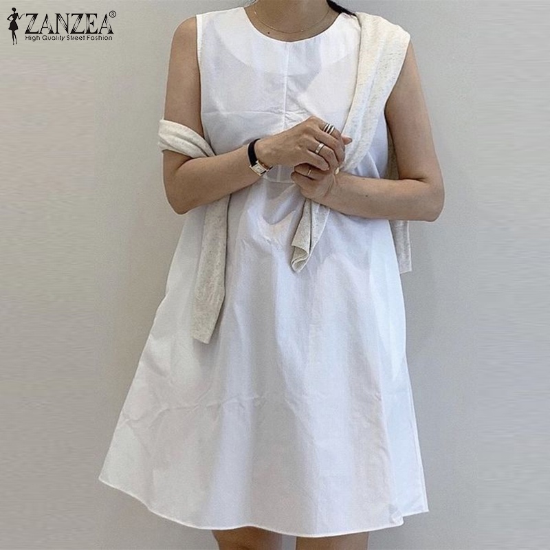 Đầm nữ ZANZEA cộc tay cổ tròn dáng rộng thời trang Hàn Quốc