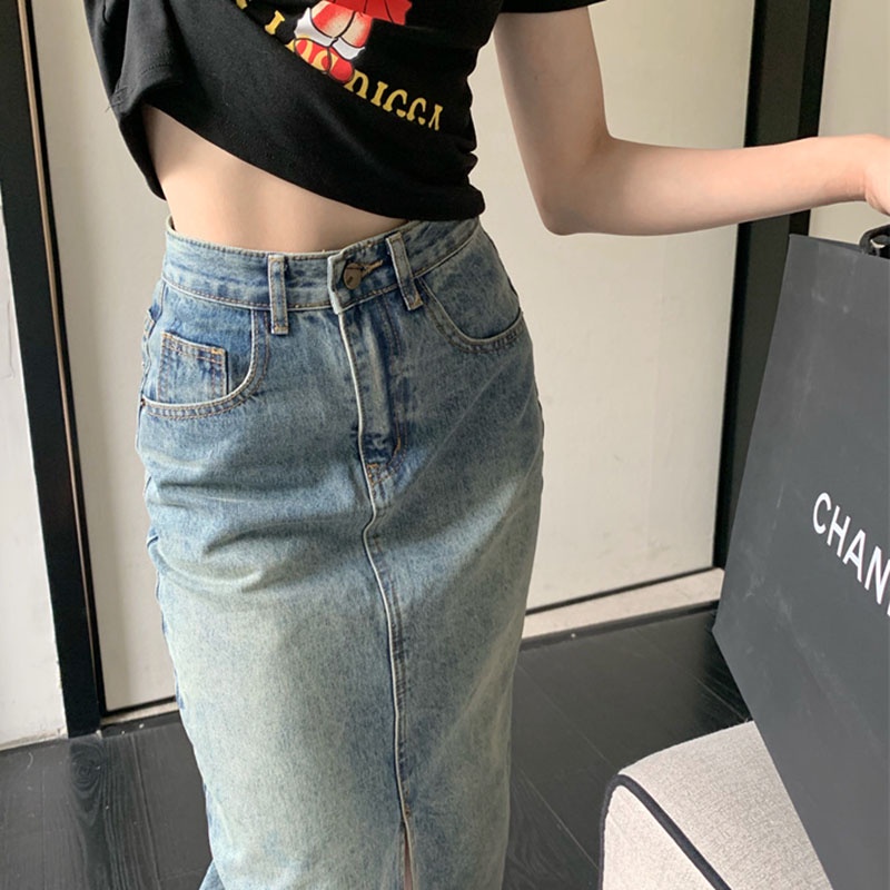 Chân váy jean IELGY dáng chữ A lưng cao phong cách retro dành cho nữ