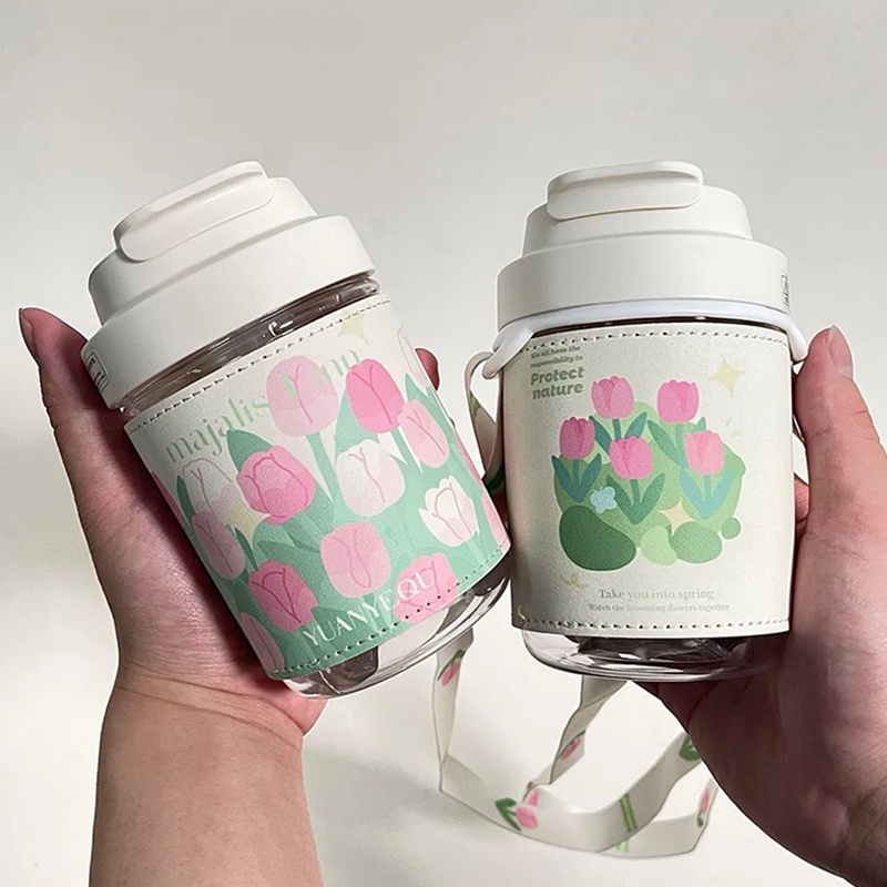 Bình Nước 400/500ML Kèm Ống Hút Họa Tiết Hoa Tulip Xinh Xắn Sáng Tạo
