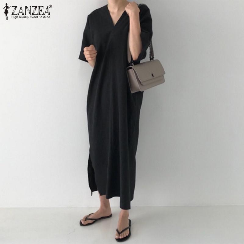 Đầm maxi ZANZEA màu trơn cổ V tay lỡ xẻ tà thời trang cho nữ