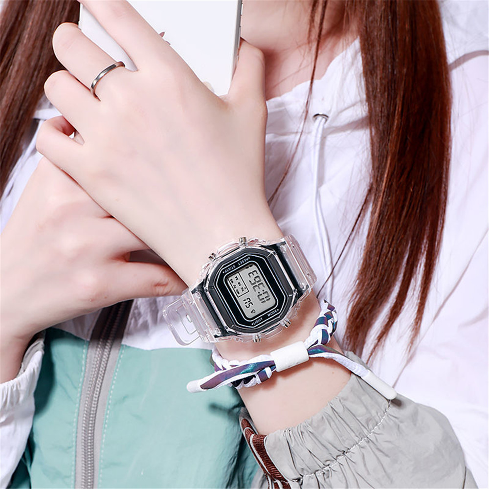 Fashionmaker New Women Fashion Transparent Sports Waterproof LED Watch Small Square Electronic Watch Ins