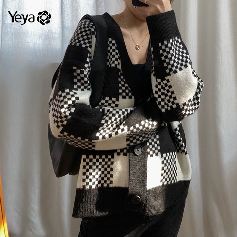 Áo khoác cardigan YEYA dệt kim dáng rộng sọc ca rô đen trắng thời trang trẻ trung cho nữ
