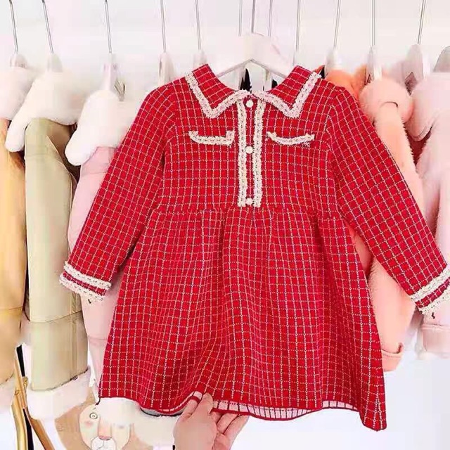 Váy len đỏ kẻ caro hàng QCCC cho bé gái
