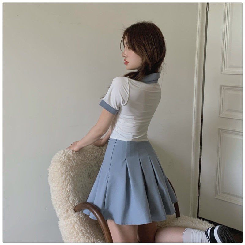 Ready Stock College style age-reducing POLO collar letter label short-sleeved T-shirt + high-waist pleated skirt suit female summer two-piece suit