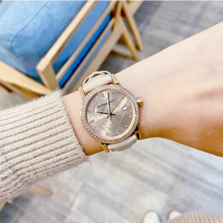 Đồng hồ nữ BURBERRY cao cấp - đính daimond trắng viền và số, dây da sang trọng