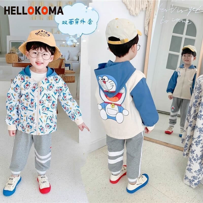 Áo Khoác Gió Hai Mặt Có Mũ Trùm In Họa Tiết Mèo Hoạt Hình Phong Cách Phương Tây Thời Trang Xuân Thu Dành Cho Bé Trai Và Bé Gái