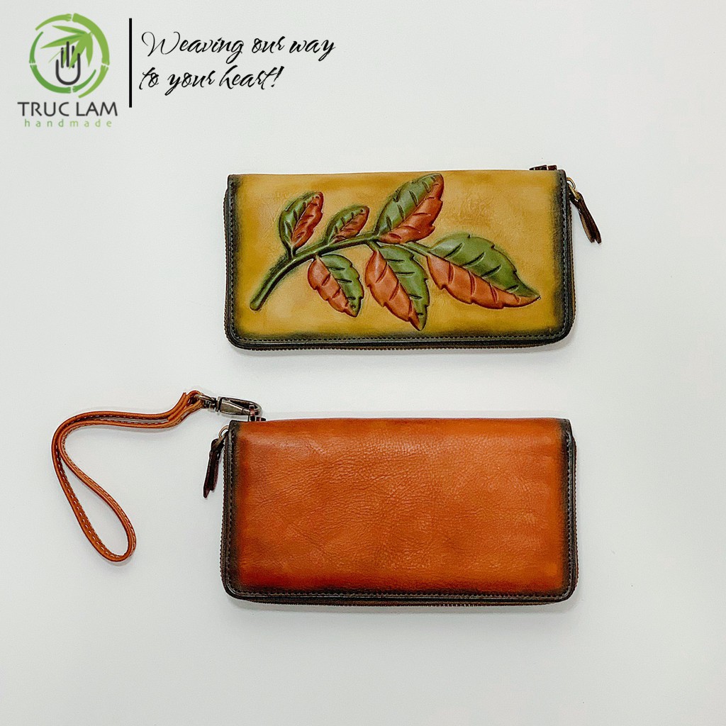 Ví Dài Cầm Tay Thời Trang Nữ Da Thật Cao Cấp Có Khóa Kéo Họa Tiết Cành Lá – Trúc Lâm Handmade