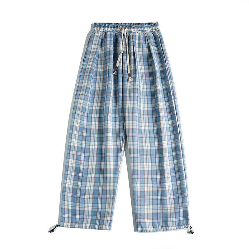 Contrast color plaid pants with drawstring Korean fashion for men