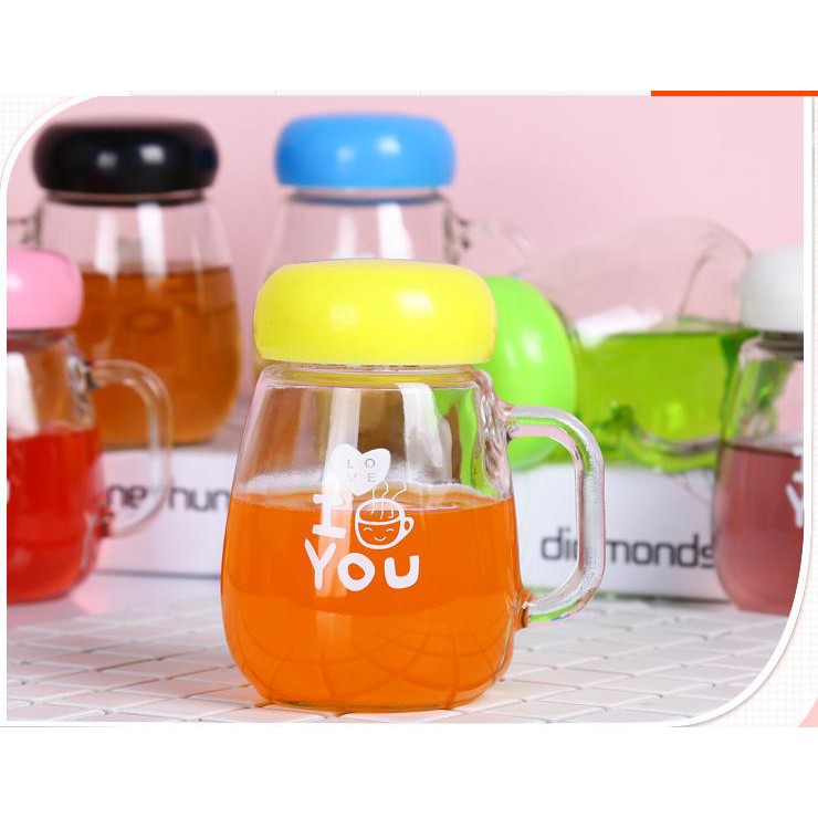 Bình nước thủy tinh I LOVE YOU có vỉ lọc trà và quai cầm 300ml T3A3