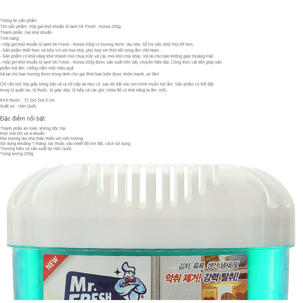 [Tốt] Hộp gel khử khuẩn tủ lạnh Mr Fresh - Korea 200g (Nhập khẩu và phân phối bởi Hando)