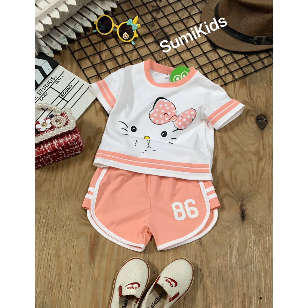 BỘ THUN LỬNG MÈO NƠ KITTY XINH BÉ GÁI MÀU CAM PHẤN * Sumikid * thời trang trẻ em cao cấp * quần áo mùa hè cho bé gái