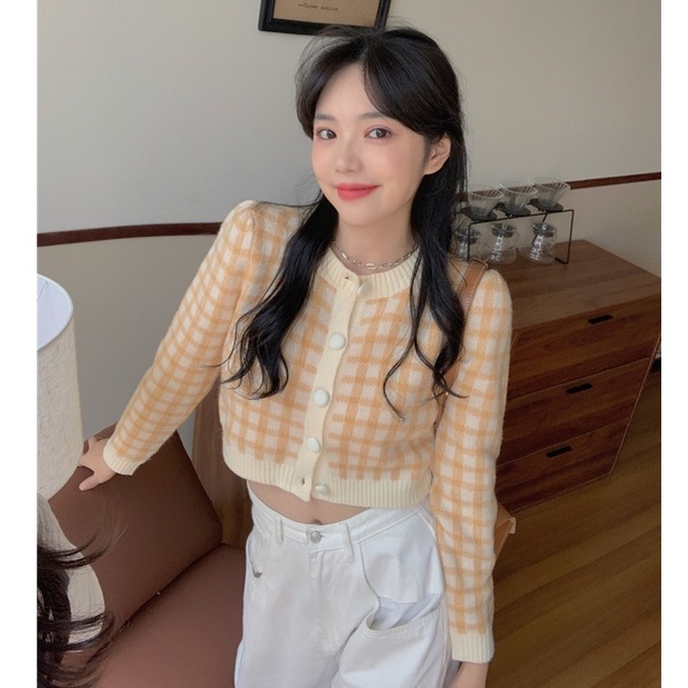 Xiaozhainv Áo Cardigan Dệt Kim Tay Dài Cổ Tròn Kẻ Sọc Caro Phong Cách Hàn Quốc Thời Trang Cho Nữ 4 Màu Tùy Chọn