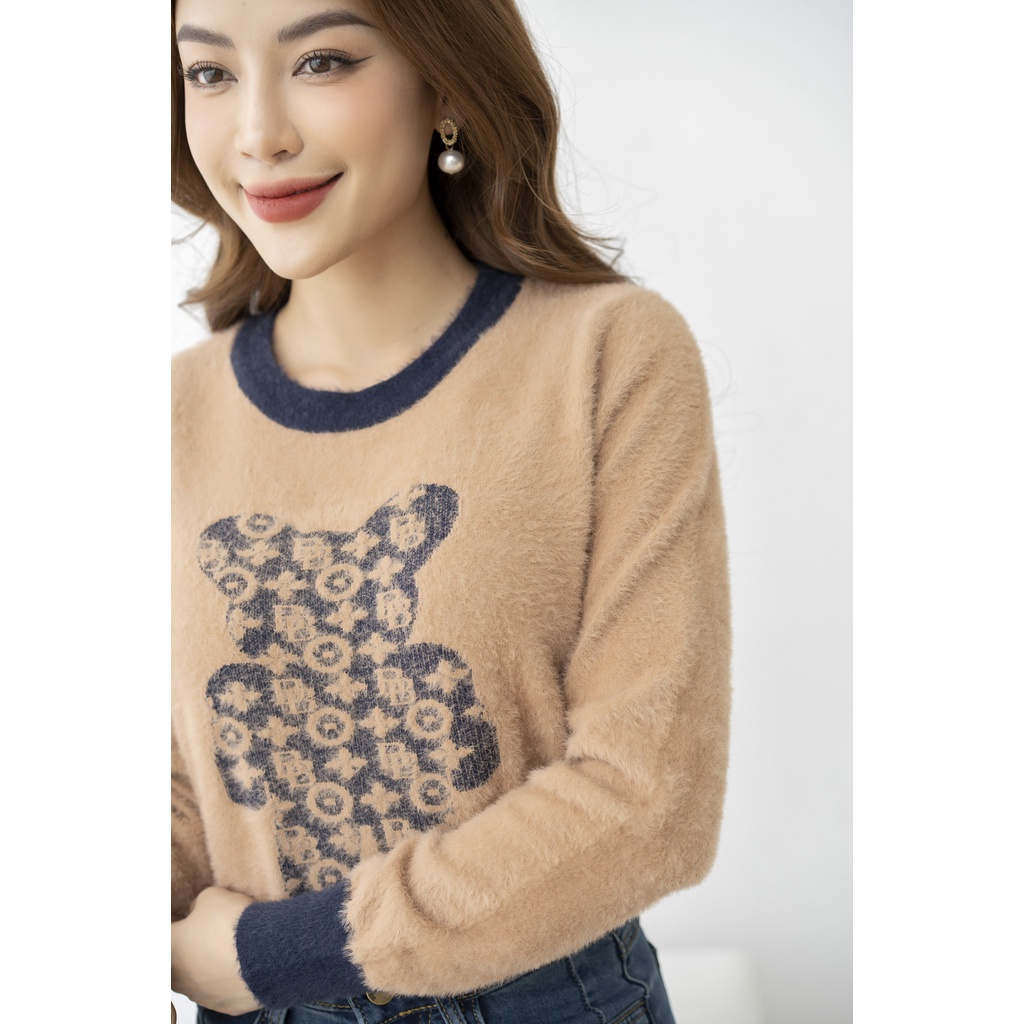 Áo len nữ cổ tròn Fiona, Áo len dệt họa tiết hình gấu xinh xắn mã F852757